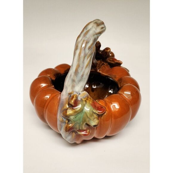 Tii Collections Ceramic Pumpkin Leaf and Stem Handle Dark Autumn Colors Decor - Picture 3 of 5